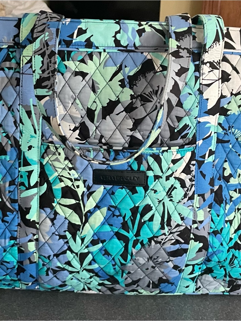 Vera Bradley Quilted Floral Zippere Tote in Teal, Blue & Black Camofloral design